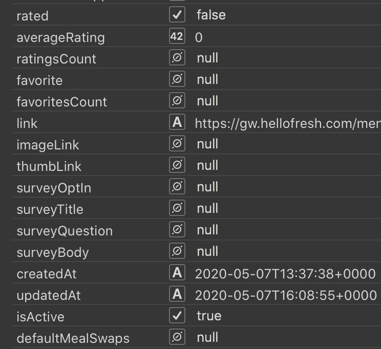 Example of menu payload